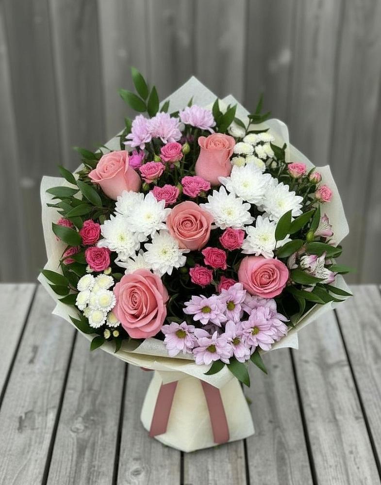 Букет цветов из: Альстромерии, Гвоздики, Розы и Хризантемы в Курьяново