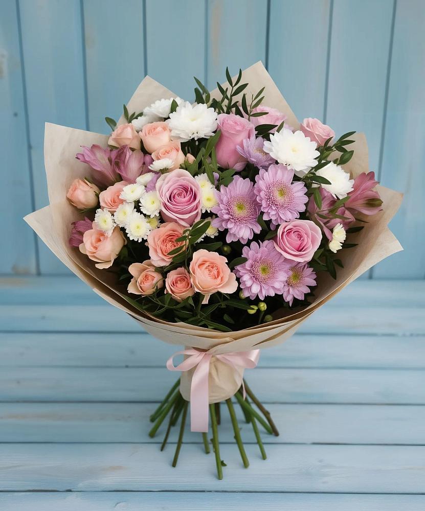 Букет цветов из: Хризантемы, Розы и Альстромерии в Курьяново