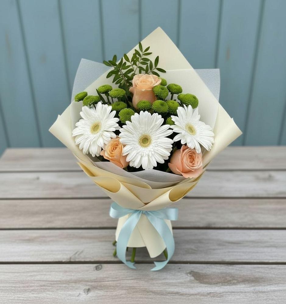Букет цветов из: Герберы, Розы и Хризантемы в Курьяново