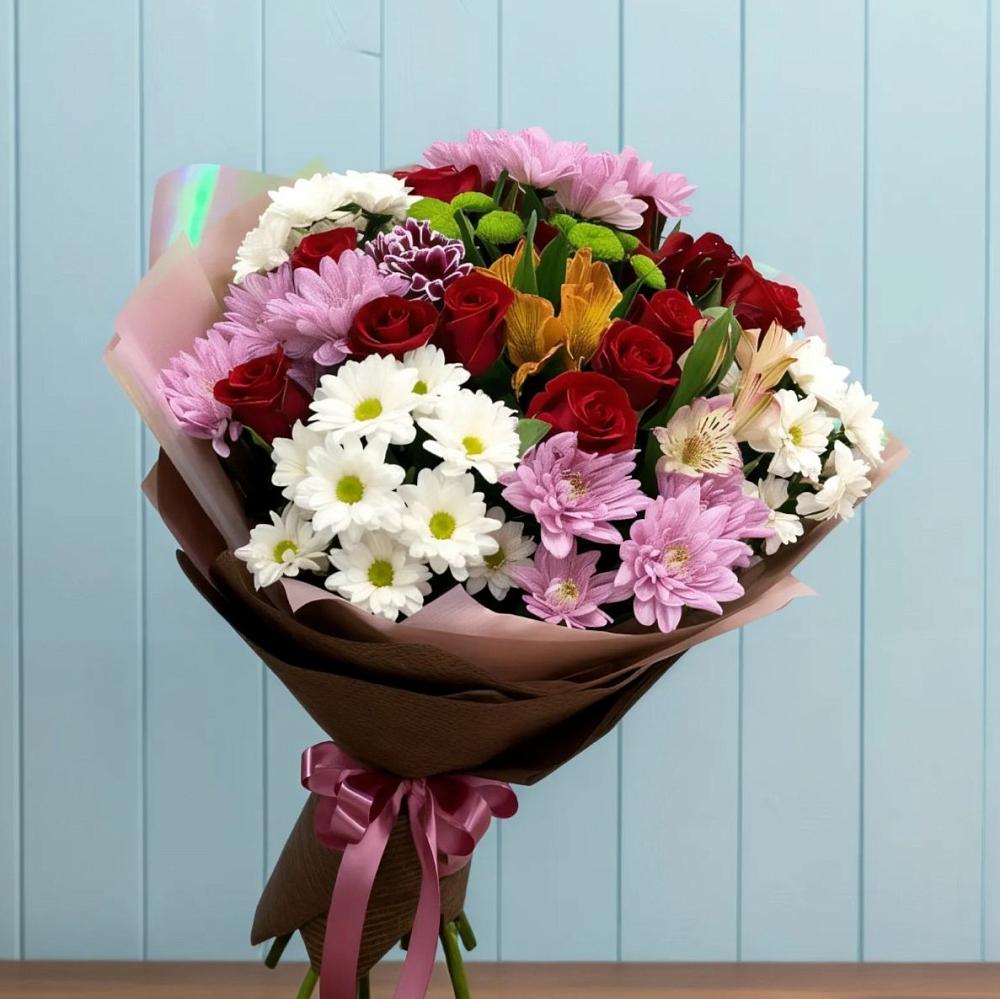 Букет цветов из: Розы, Хризантемы и Альстромерии в Курьяново