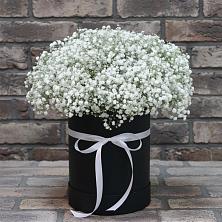 Цветочная композиция из Гипсофила в шляпной коробке в Курьяново